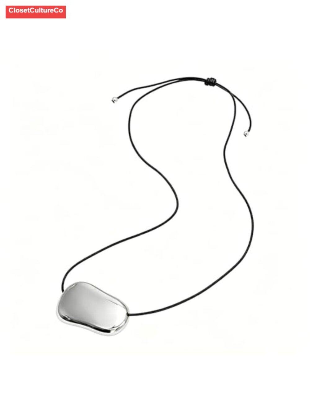 18K Silver Plated Pebble Pendant Necklace Adjustable Black Cord Minimalist